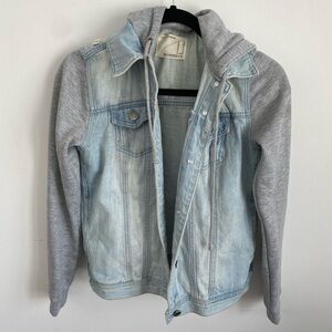Life in Progress Grey Hoodie Jean Jacket Coat Distressed in Denim / Grey • XS